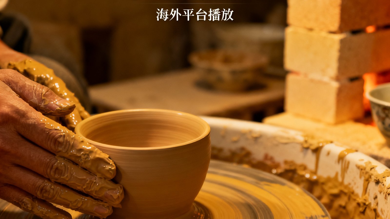 银河集团出品的纪录片《手艺的温度》在海外平台播放界面的截图，展示景德镇陶瓷制作的特写镜头